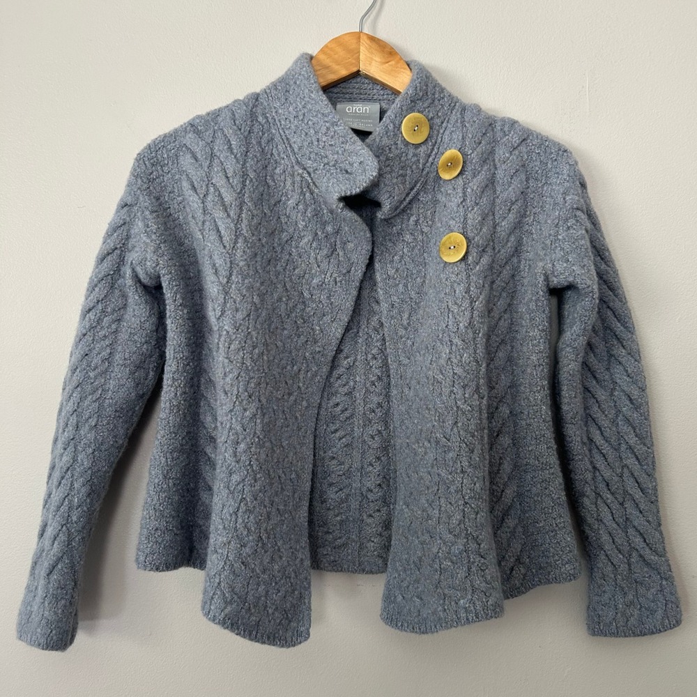 Aran Woollen Mills Cardigan Womens Small Blue Merino Wool Cable Knit Ireland